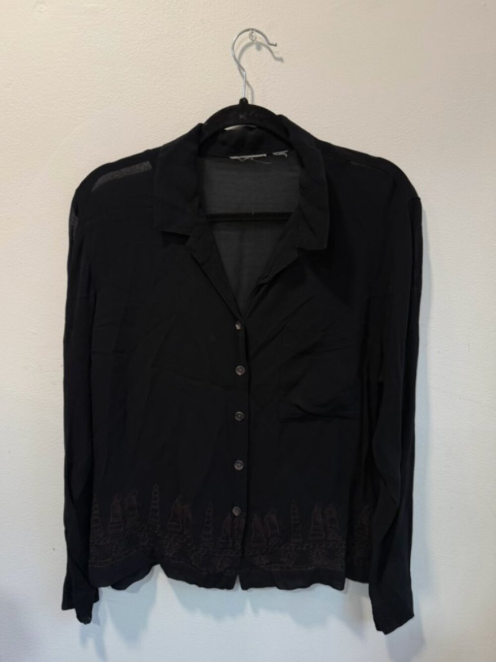 *Brandless* Long Sleeve Silk Black Button Front Shirt w/ Embroidered Detailing